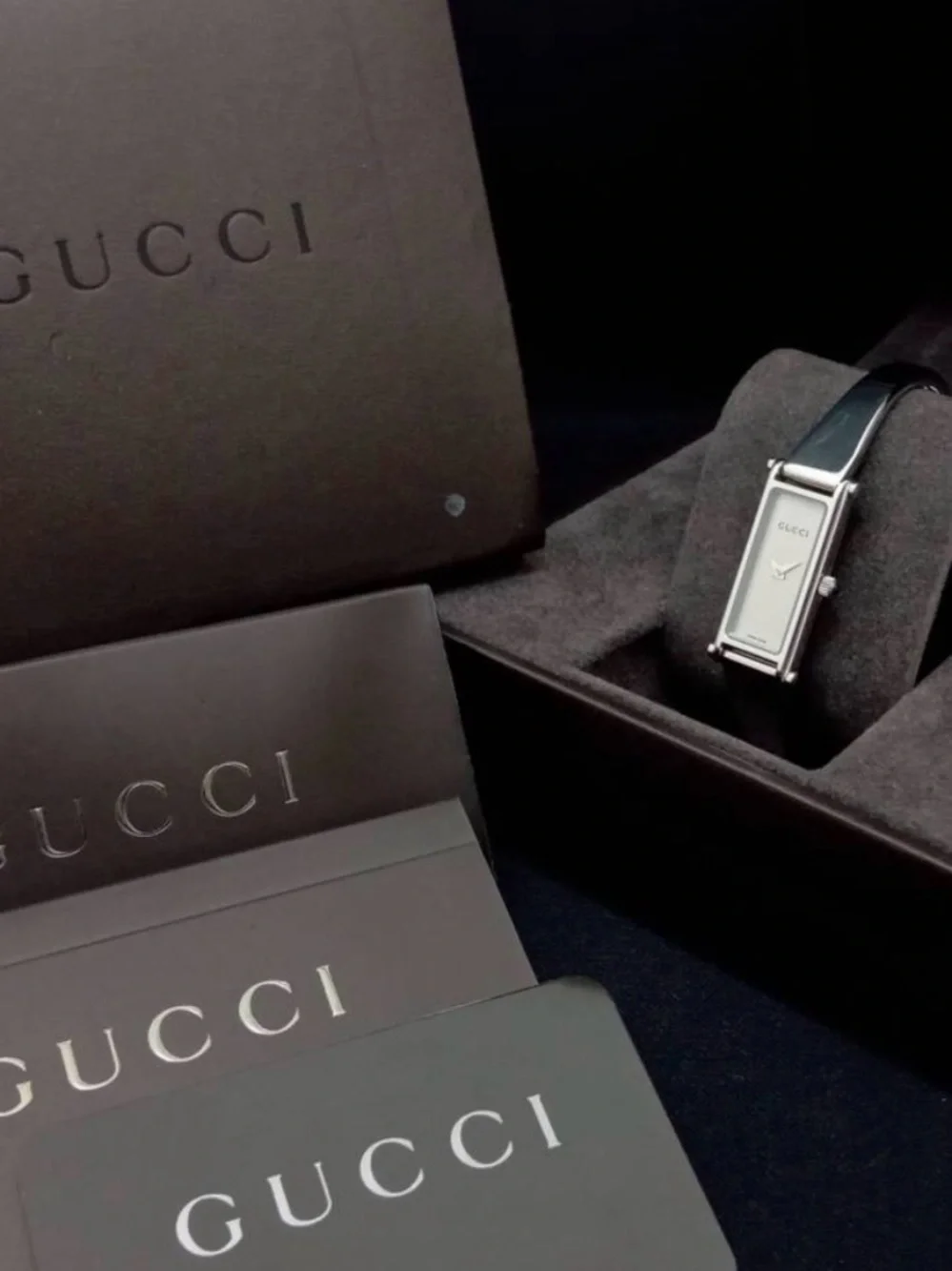 Gucci Silver-Tone Rectangular Dial Watch with Black Strap